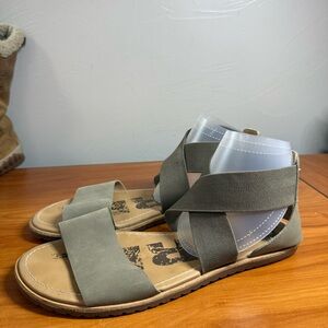 Sorel Ella Strappy Leather Ankle Strap Elastic Olive Green Sandals Casual 9.5